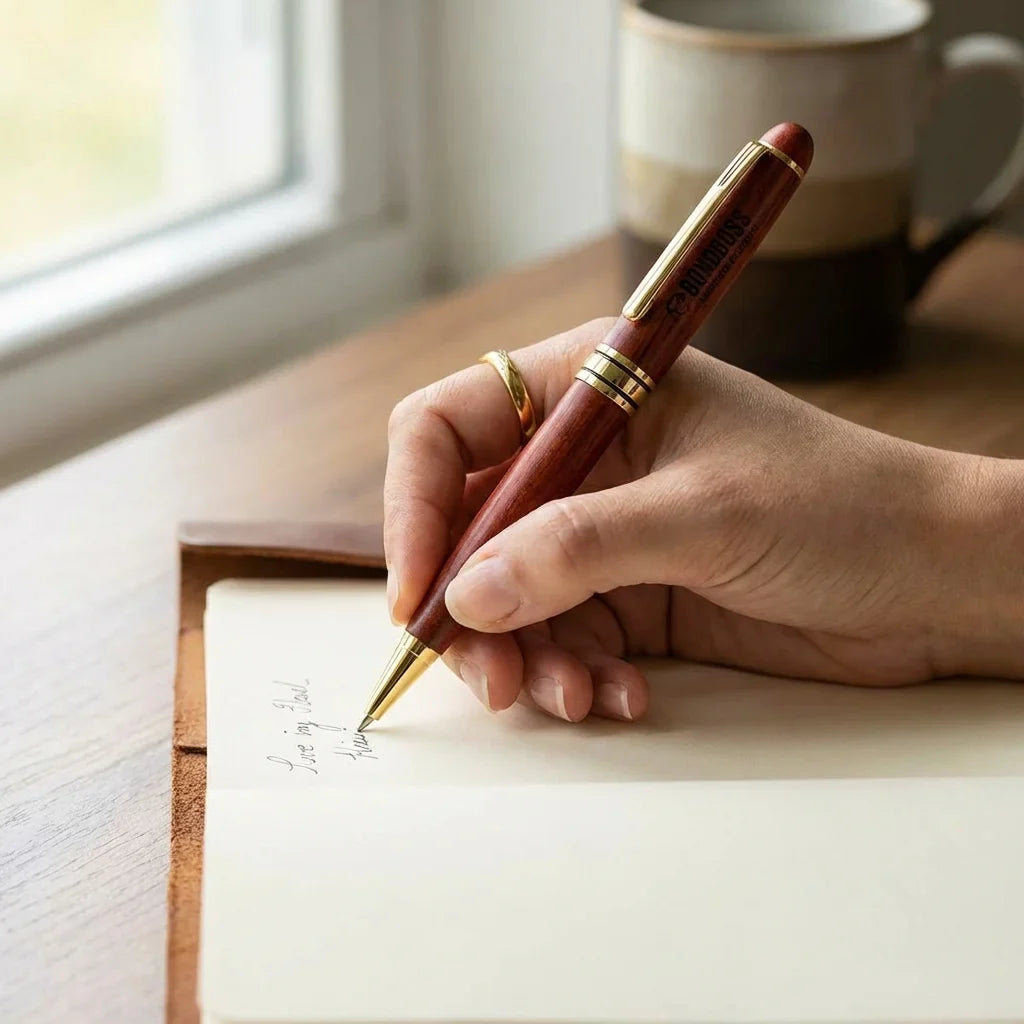 Lápiz wooden premium mano escribiendo in journal close-up bonoboss