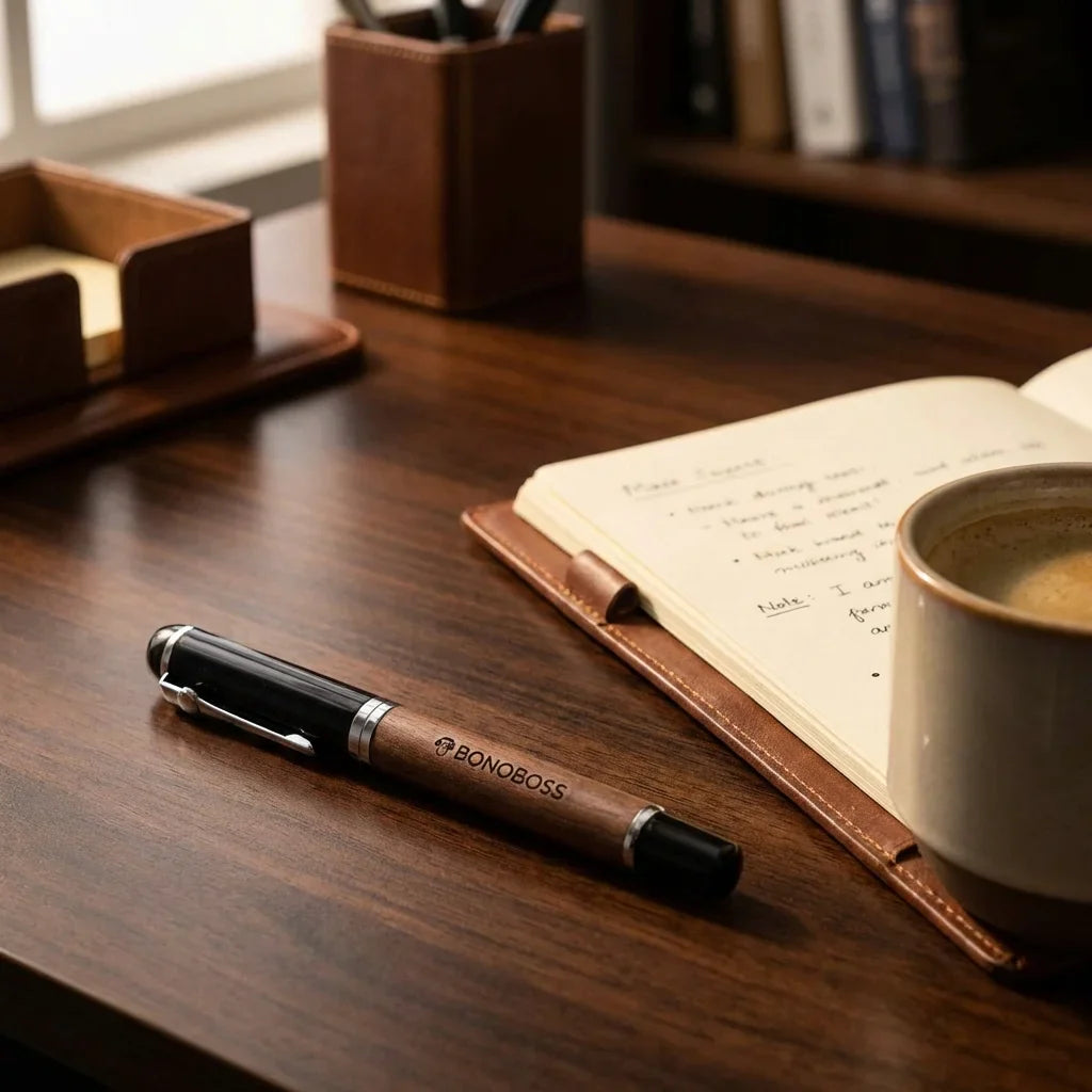 Lápiz wooden premium sobre escritorio with notebook and café bonoboss