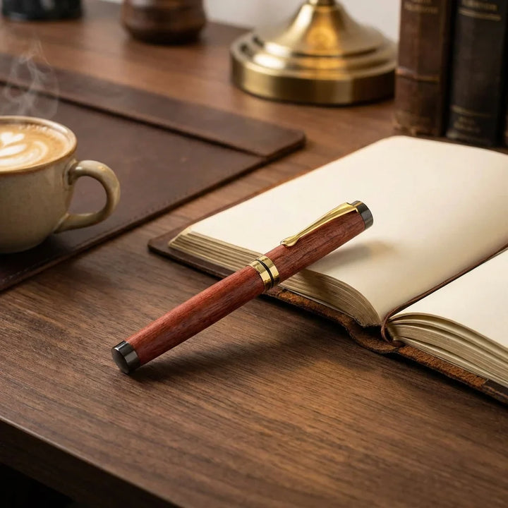 Lápiz wooden premium sobre escritorio with notebook and café bonoboss