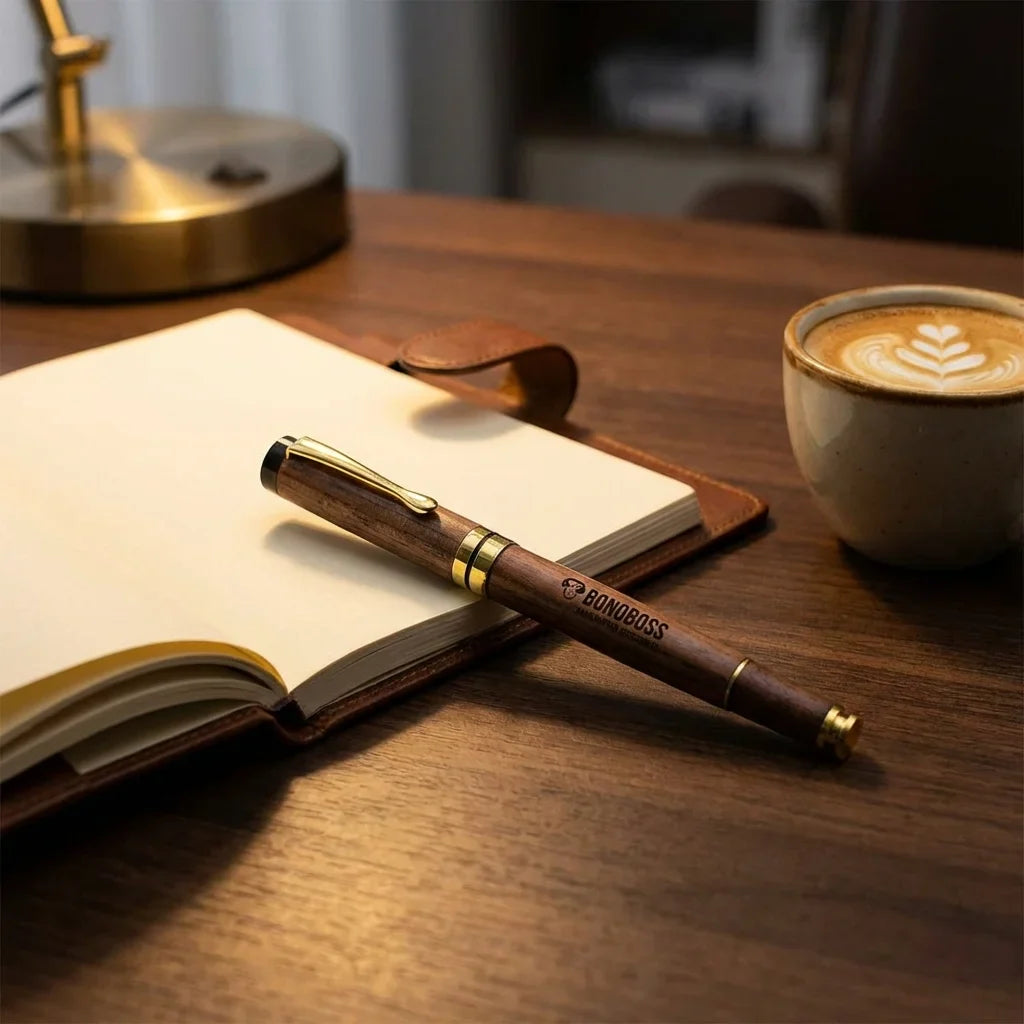 Lápiz wooden premium sobre escritorio with notebook and café bonoboss