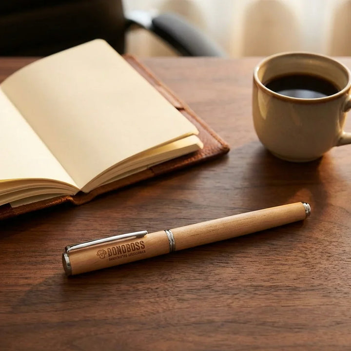 Lápiz wooden premium sobre escritorio with notebook and café bonoboss