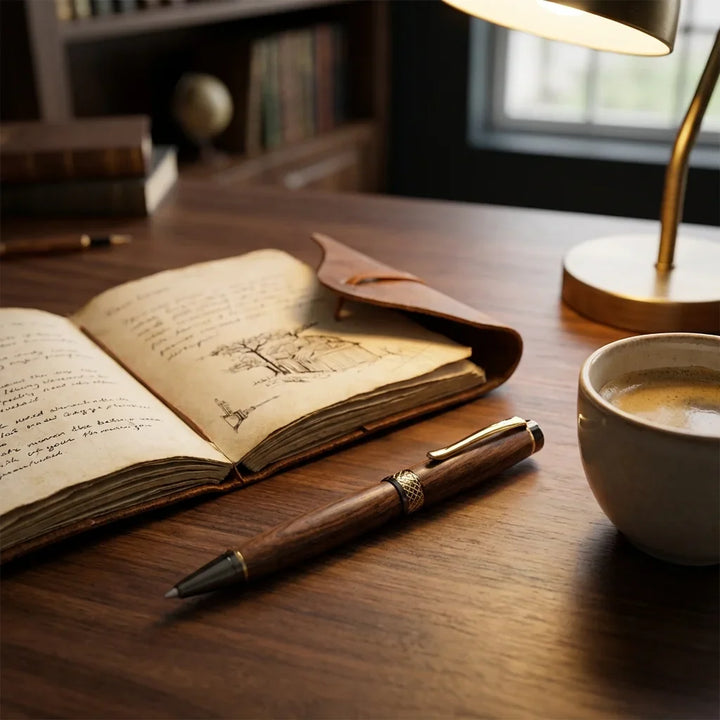 Lápiz wooden premium sobre escritorio with notebook and café bonoboss