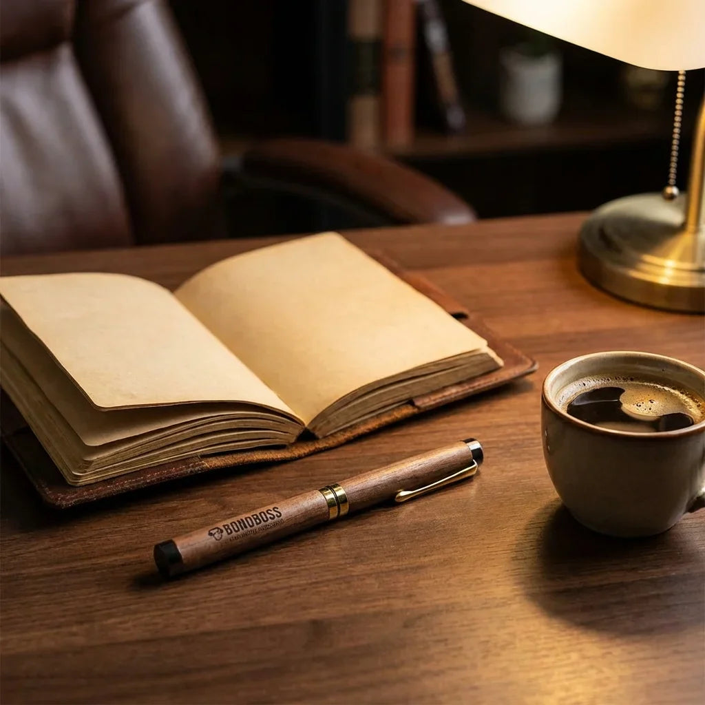 Lápiz wooden premium sobre escritorio with notebook and café bonoboss