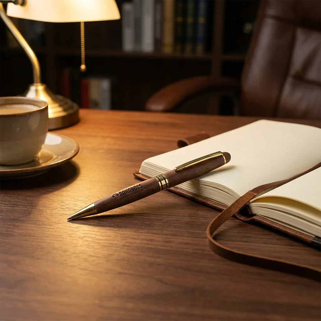 Lápiz wooden premium sobre escritorio with notebook and café bonoboss