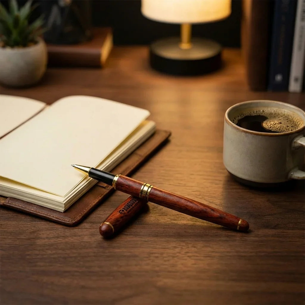 Lápiz wooden premium sobre escritorio with notebook and café bonoboss