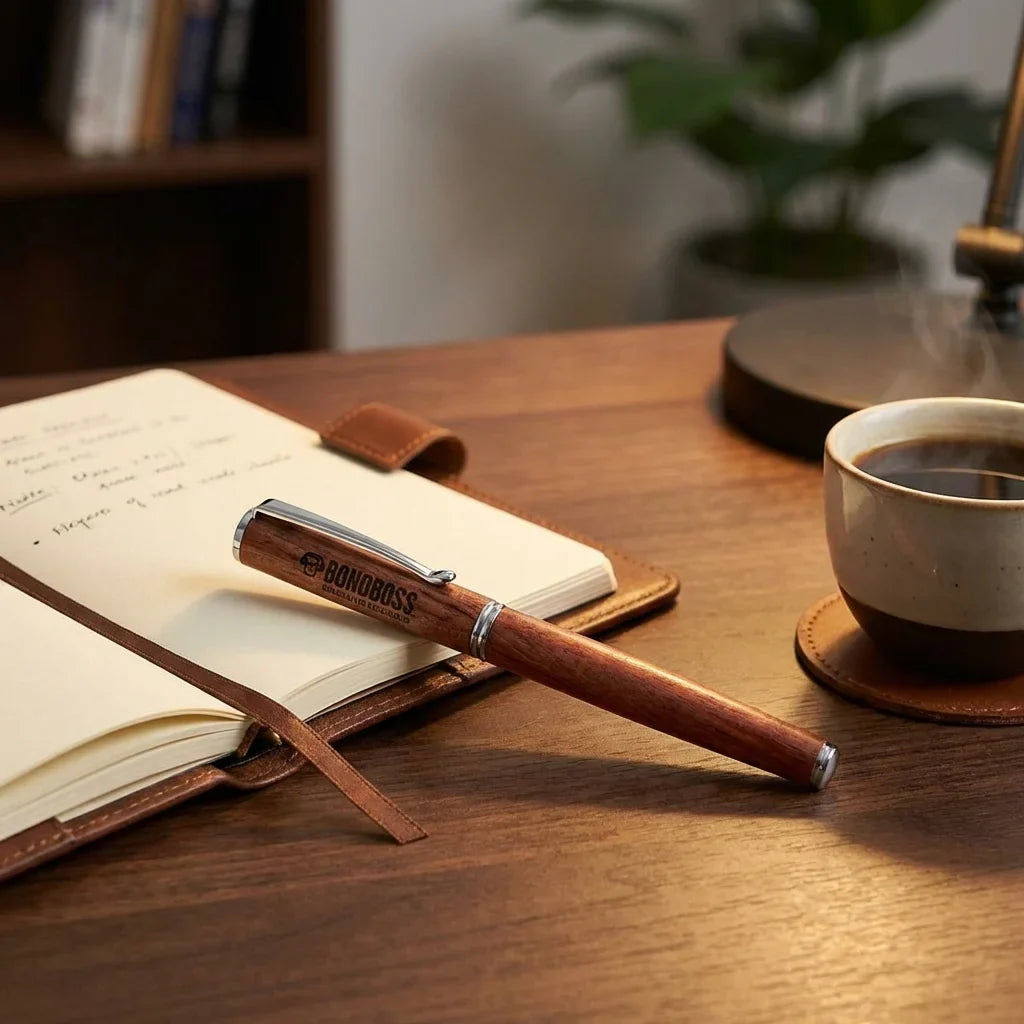 Lápiz wooden premium sobre escritorio with notebook and café bonoboss