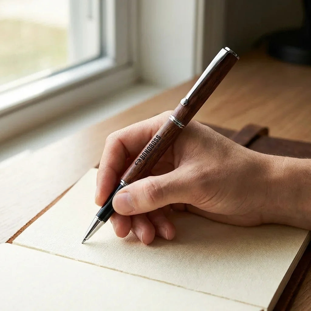 Lápiz wooden premium mano escribiendo in journal close-up bonoboss