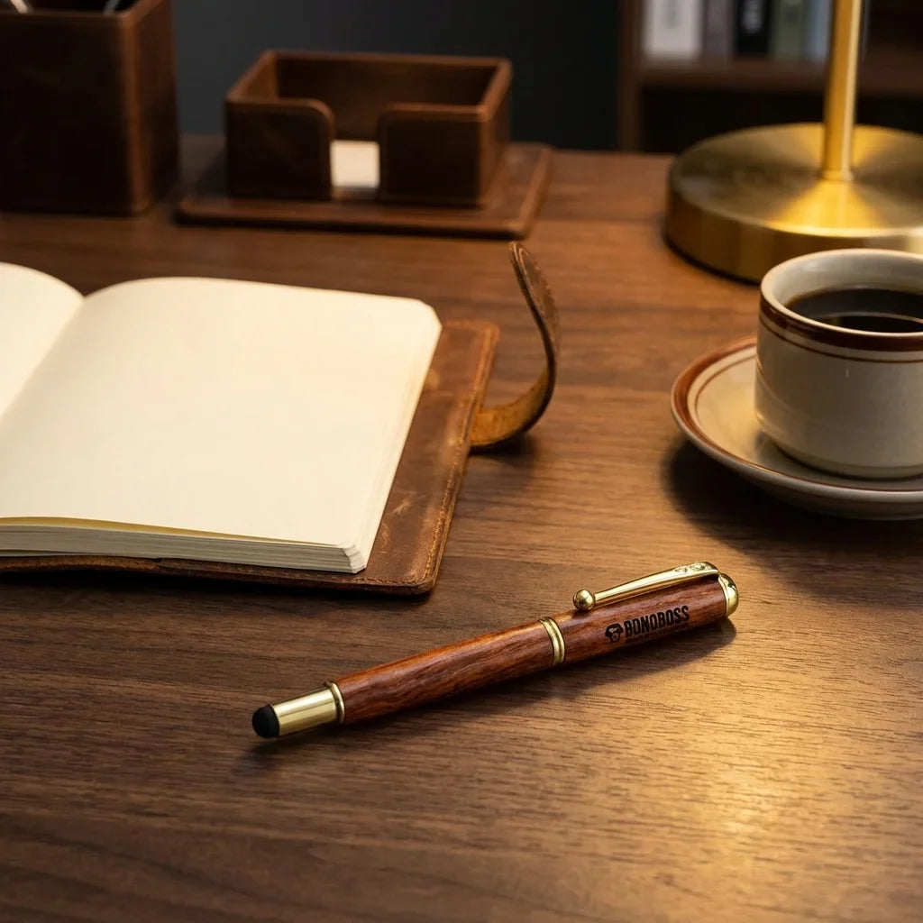 Lápiz wooden premium sobre escritorio with notebook and café bonoboss