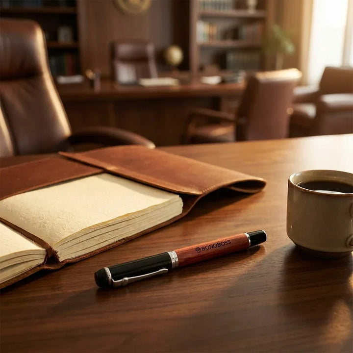 Lápiz wooden premium sobre escritorio with notebook and café bonoboss