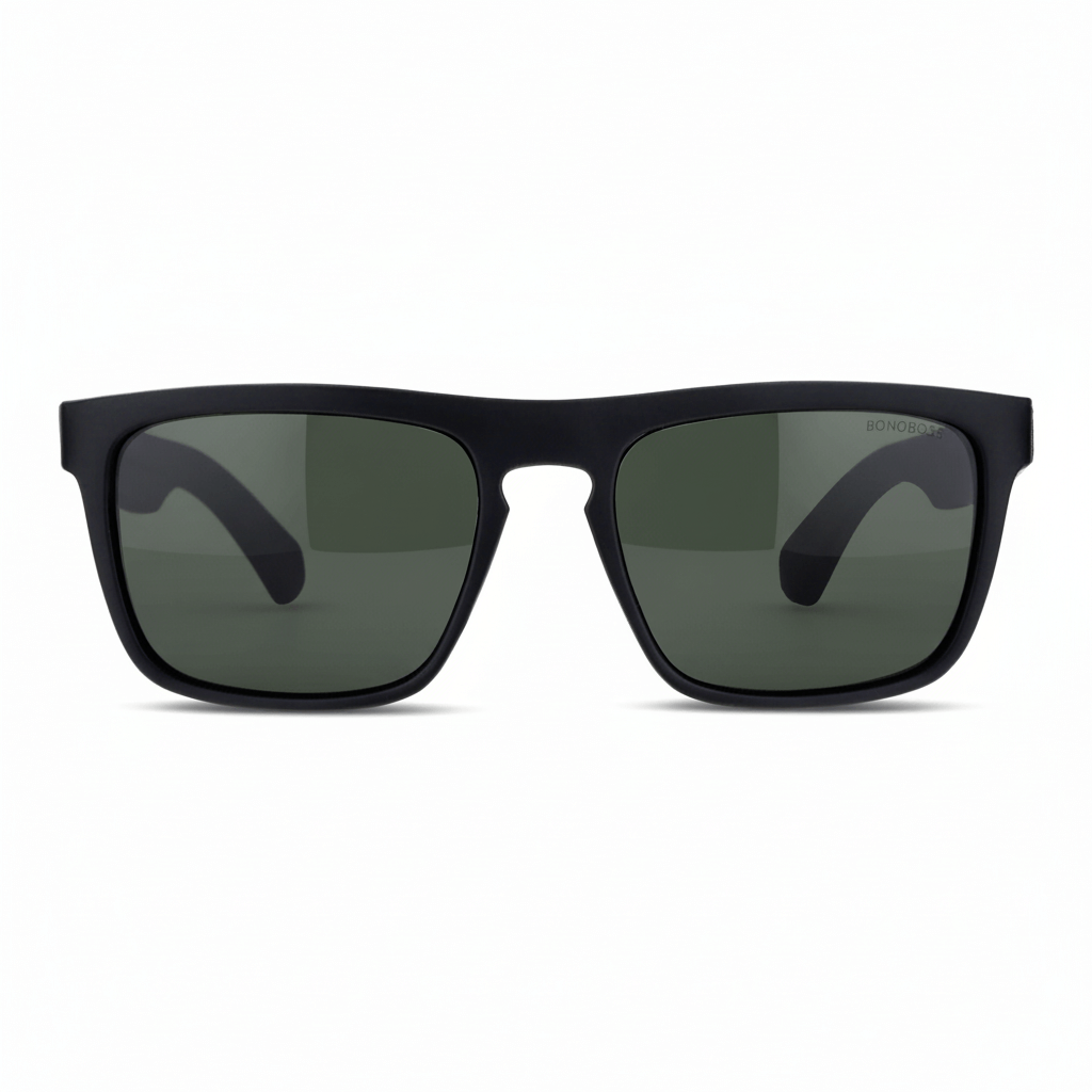 Sunglasses rectangular polarized black pata natural wood d nogal in a front view with color lenses g15 green for men and women Bonoboss #color_g15
