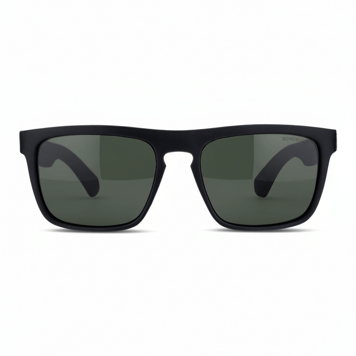 Sunglasses rectangular polarized black pata natural wood d nogal in a front view with color lenses g15 green for men and women Bonoboss #color_g15