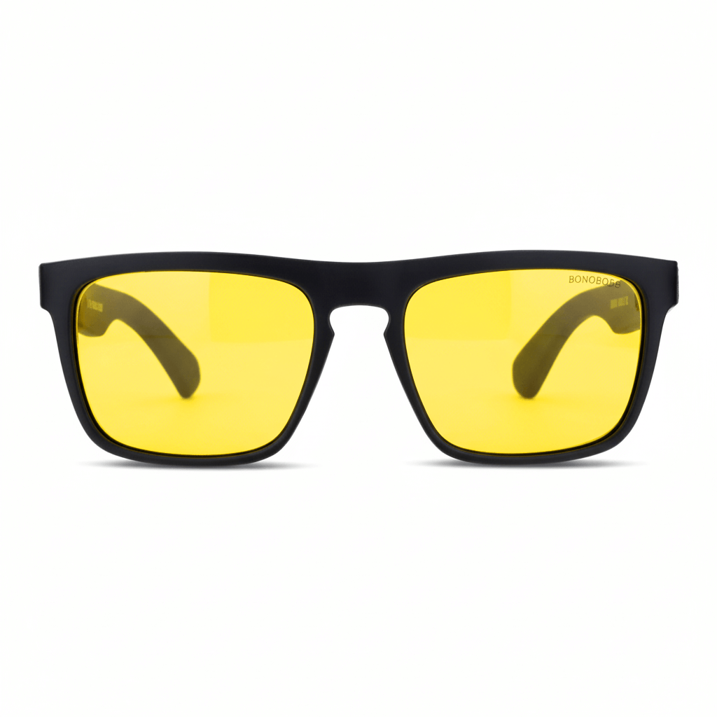 Sunglasses rectangular polarized black pata natural wood d nogal in a front view with lenses amarillo for migraña or vision nocturna for manejar noche Bonoboss #color_amarillo
