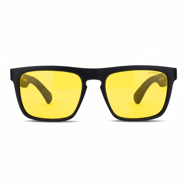 Sunglasses rectangular polarized black pata natural wood d nogal in a front view with lenses amarillo for migraña or vision nocturna for manejar noche Bonoboss #color_amarillo