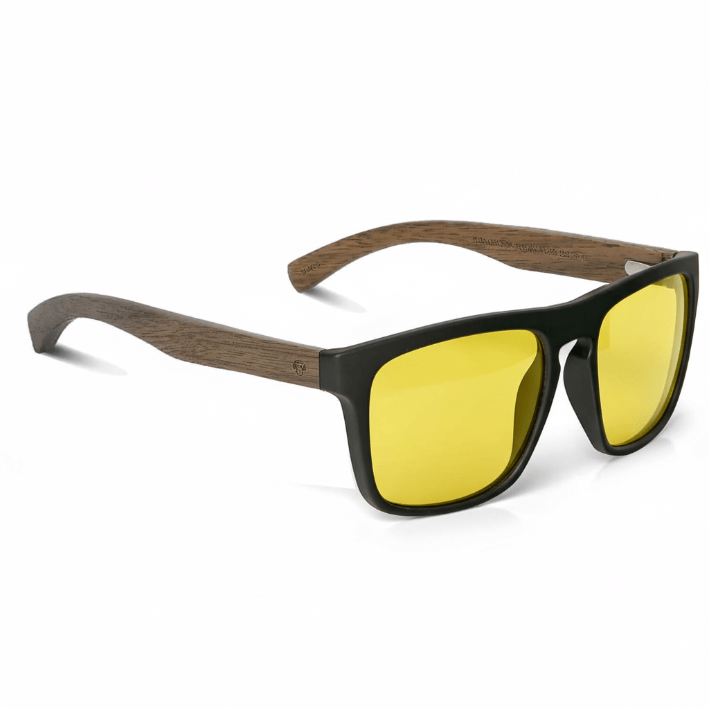 Sunglasses rectangular polarized black pata natural wood d nogal in a front view with lenses amarillo for migraña or vision nocturna for manejar noche Bonoboss #color_amarillo