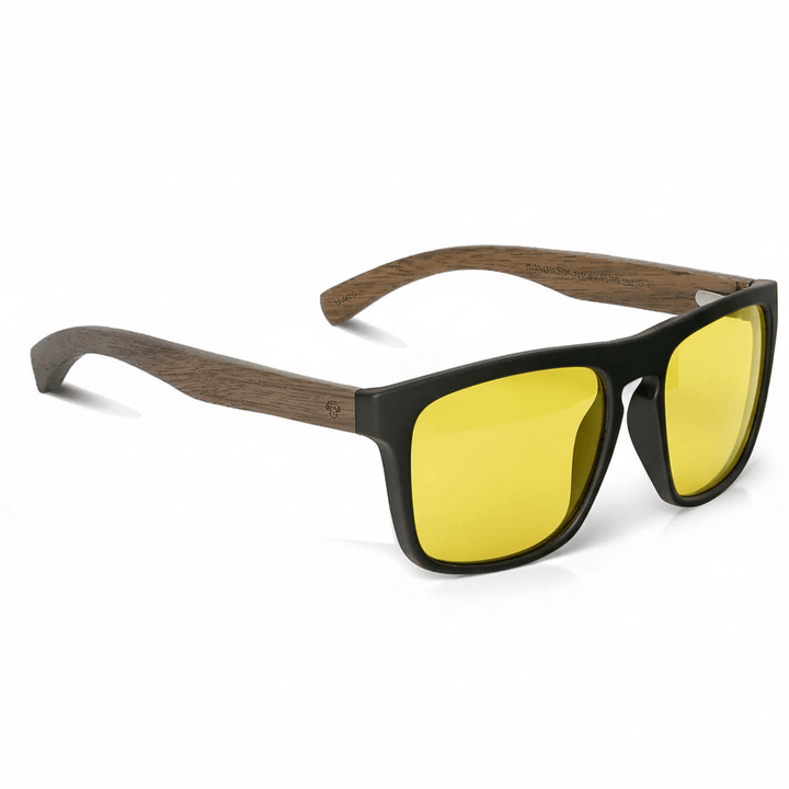 Sunglasses rectangular polarized black pata natural wood d nogal in a front view with lenses amarillo for migraña or vision nocturna for manejar noche Bonoboss #color_amarillo