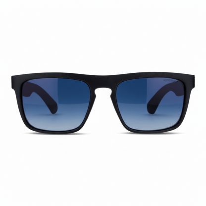 anteojos de sol rectangulares polarizados negros pata de madera natural d nogal en una vista frontal con lentes de color degrade azul para migraña #color_degrade-azul