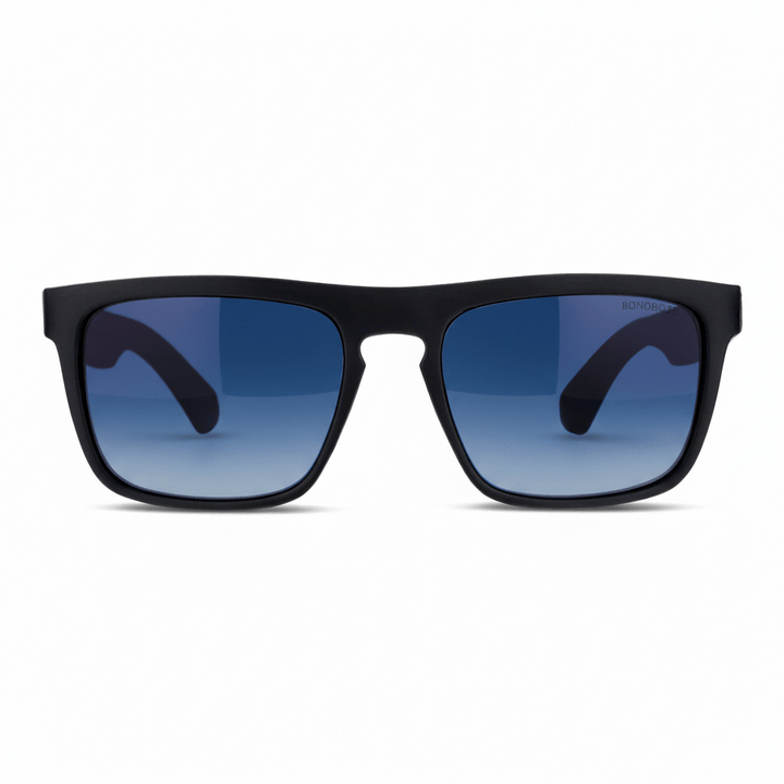 Sunglasses rectangular polarized black pata natural wood d nogal in a front view with color lenses gradient blue for migraña Bonoboss #color_degrade-azul