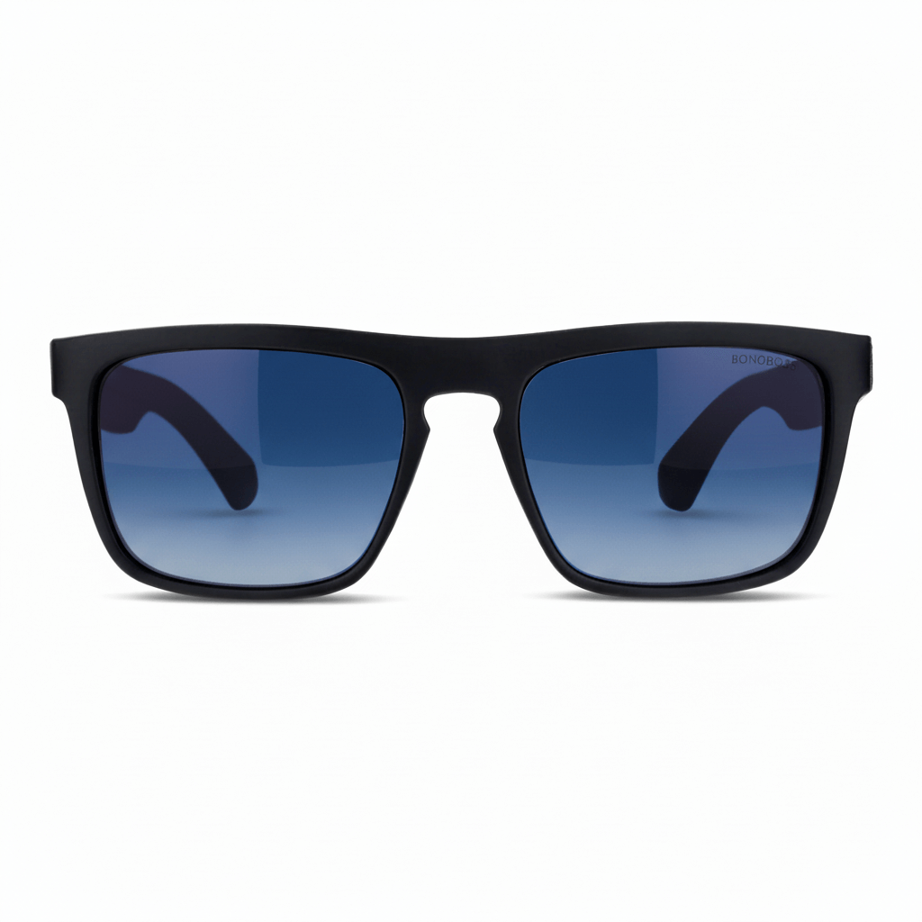 Sunglasses rectangular polarized black pata natural wood d nogal in a front view with color lenses gradient blue for migraña Bonoboss #color_degrade-azul