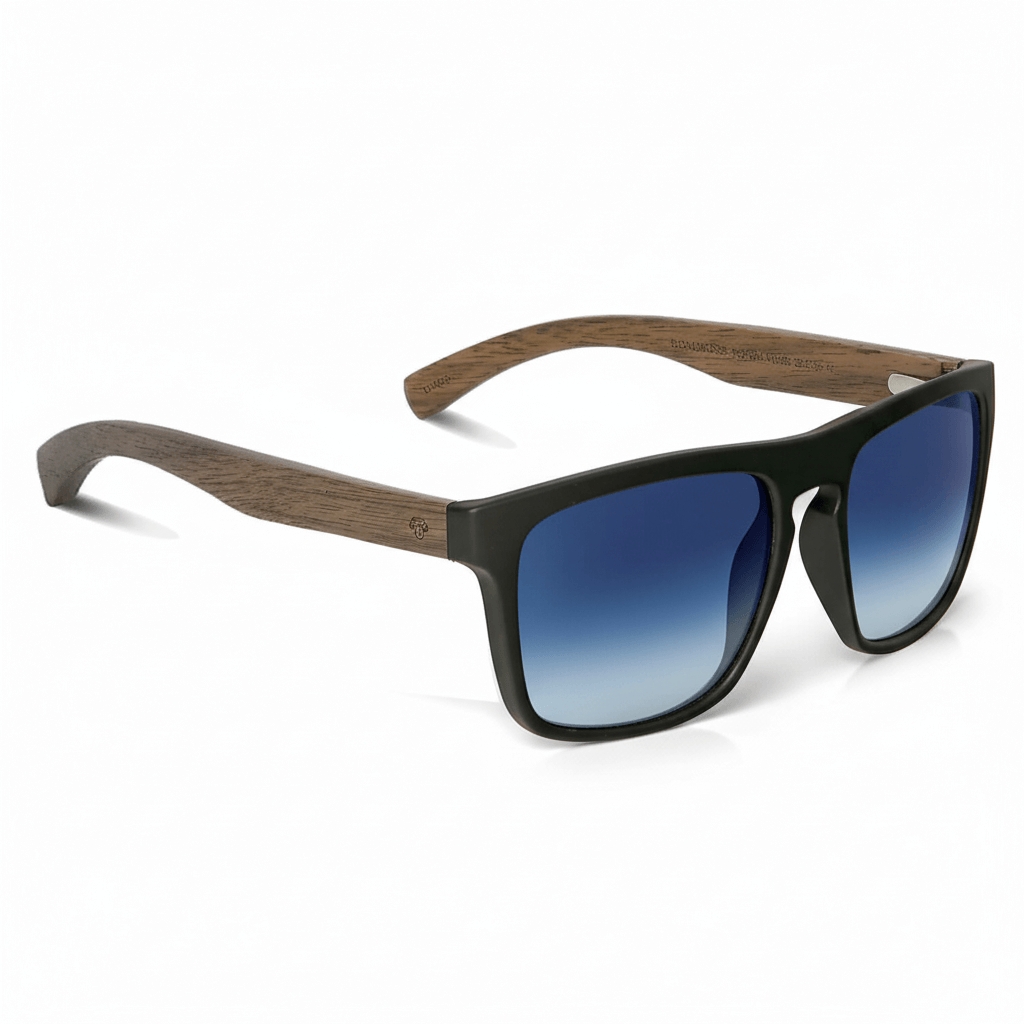 Sunglasses rectangular polarized black pata natural wood d nogal in a front view with color lenses gradient blue for migraña angled view Bonoboss #color_degrade-azul
