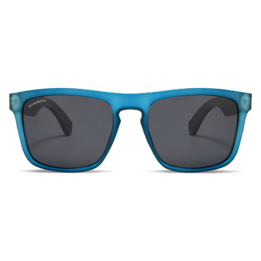 Sunglasses polarized for men and women rectangular blue with wooden temples natural sustainable. marco recycled plastic with lenses polarized Bonoboss #color_ocean