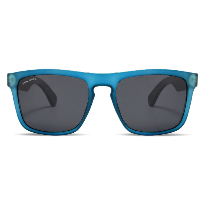 Sunglasses polarized for men and women rectangular blue with wooden temples natural sustainable. marco recycled plastic with lenses polarized Bonoboss #color_ocean