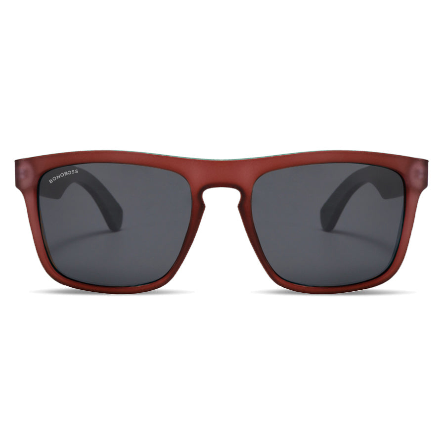 Sunglasses polarized for men and women rectangular red with wooden temples natural sustainable. marco recycled plastic with lenses polarized Bonoboss #color_wine