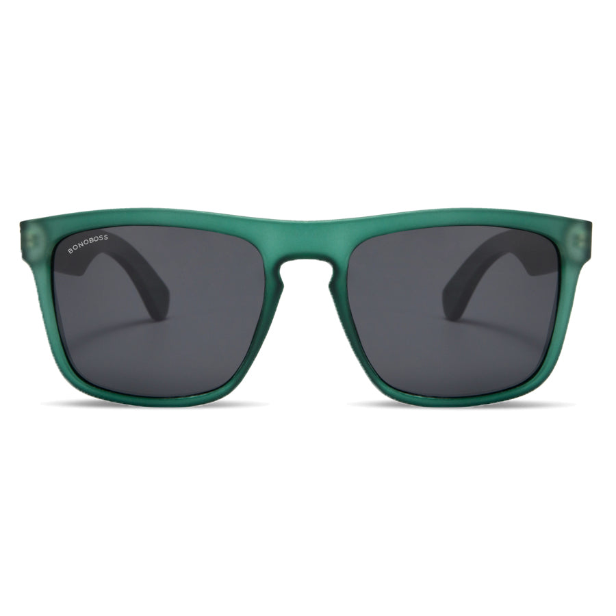 Sunglasses polarized for men and women rectangular green with wooden temples natural sustainable. marco recycled plastic with lenses polarized Bonoboss #color_forest