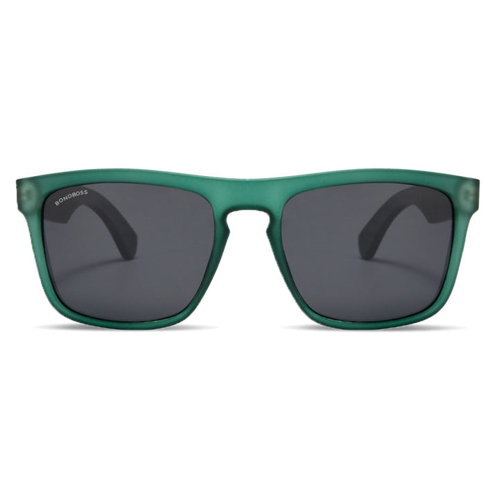 Sunglasses polarized for men and women rectangular green with wooden temples natural sustainable. marco recycled plastic with lenses polarized Bonoboss #color_forest