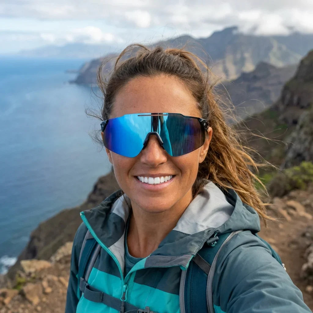 Women wearing lenses sun snake bio-acetate polarized blue aventura outdoor sendero naturaleza bonoboss chile #editorial_sustentabilidad #color_blue