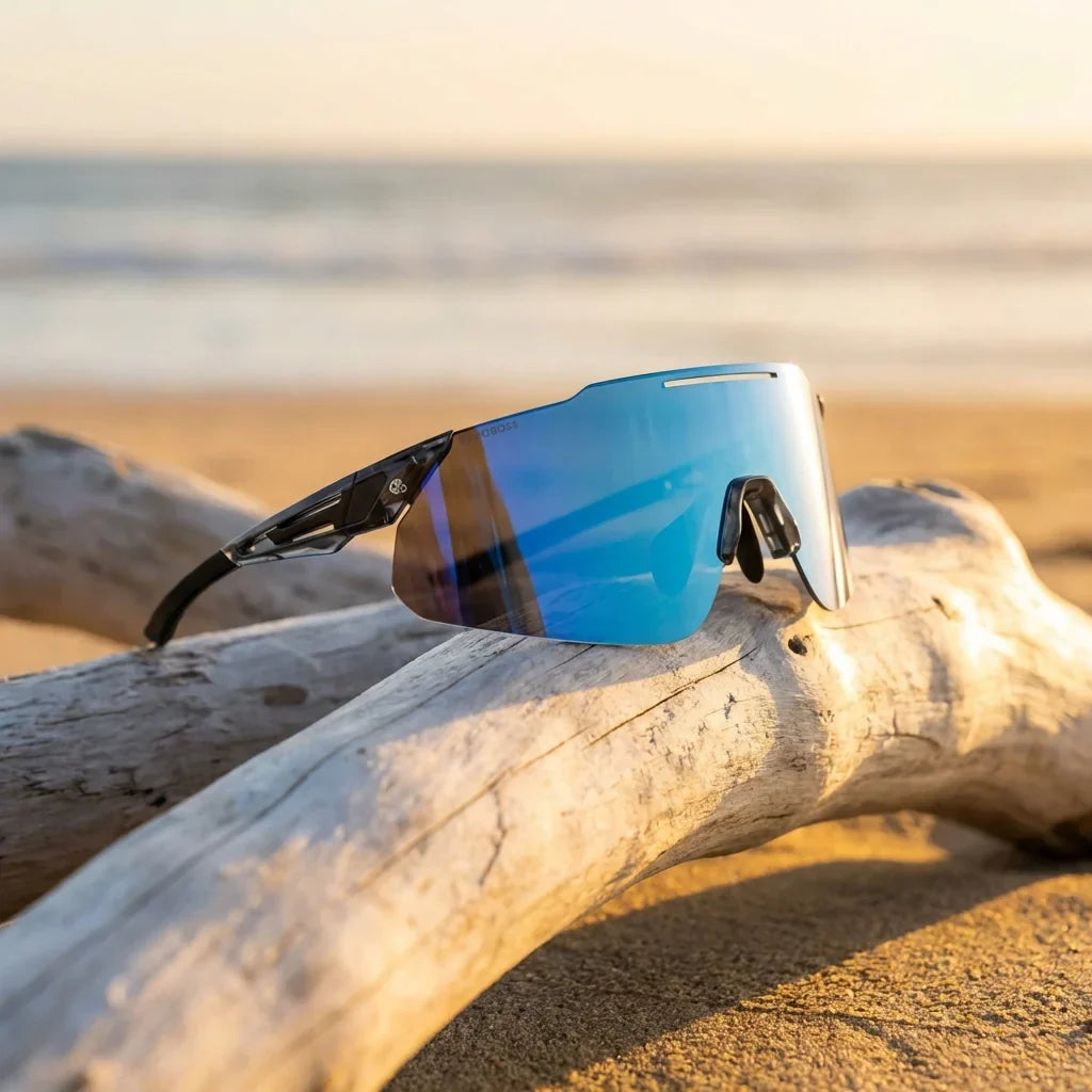 Lentes sol Snake polarizados UV400 bio-acetato cat eye blue sobre driftwood dorado reflejo lente costero Bonoboss #editorial_polarizado #color_blue