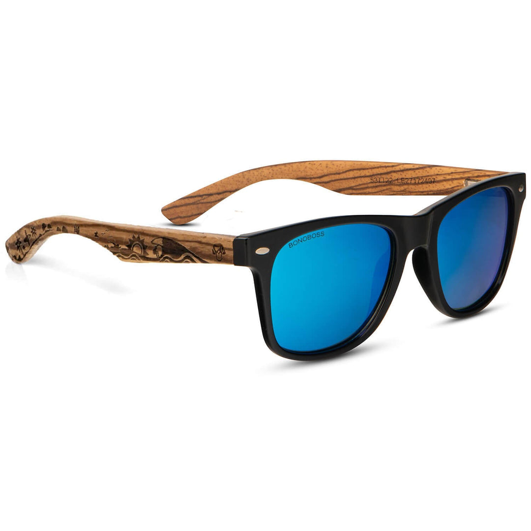 Sunglasses rectangular polarized black wooden temple for men and women with color lenses sky Bonoboss #color_surf-sky