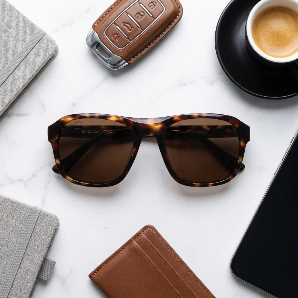 Lenses sun tom sun polarized bio-acetate aviator tortoise sobre arena dorada playa textura natural UV400 bonoboss chile #editorial_detail1 #color_carey