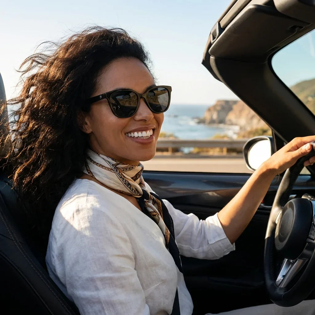 Women wearing lenses sun tiare bio-acetate polarized black driving reduces eye fatigue carretera bonoboss #editorial_detail1 #color_negro