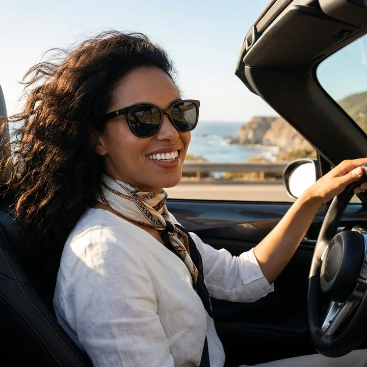 Women wearing lenses sun tiare bio-acetate polarized black driving reduces eye fatigue carretera bonoboss #editorial_detail1 #color_negro