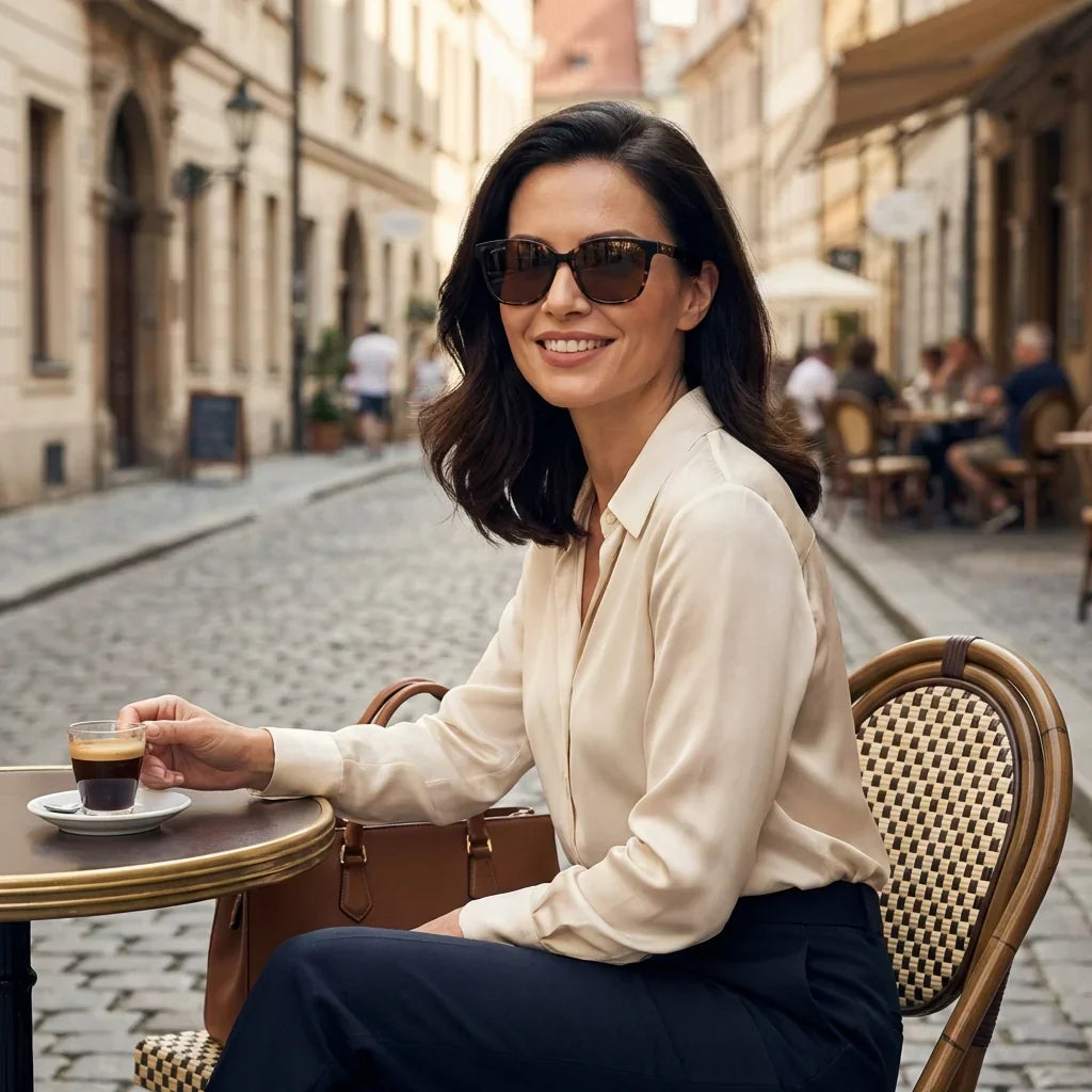 Women wearing lenses sun tiare bio-acetate polarized tortoise paseo urbano ciudad estilo femenino bonoboss #editorial_detail2 #color_carey