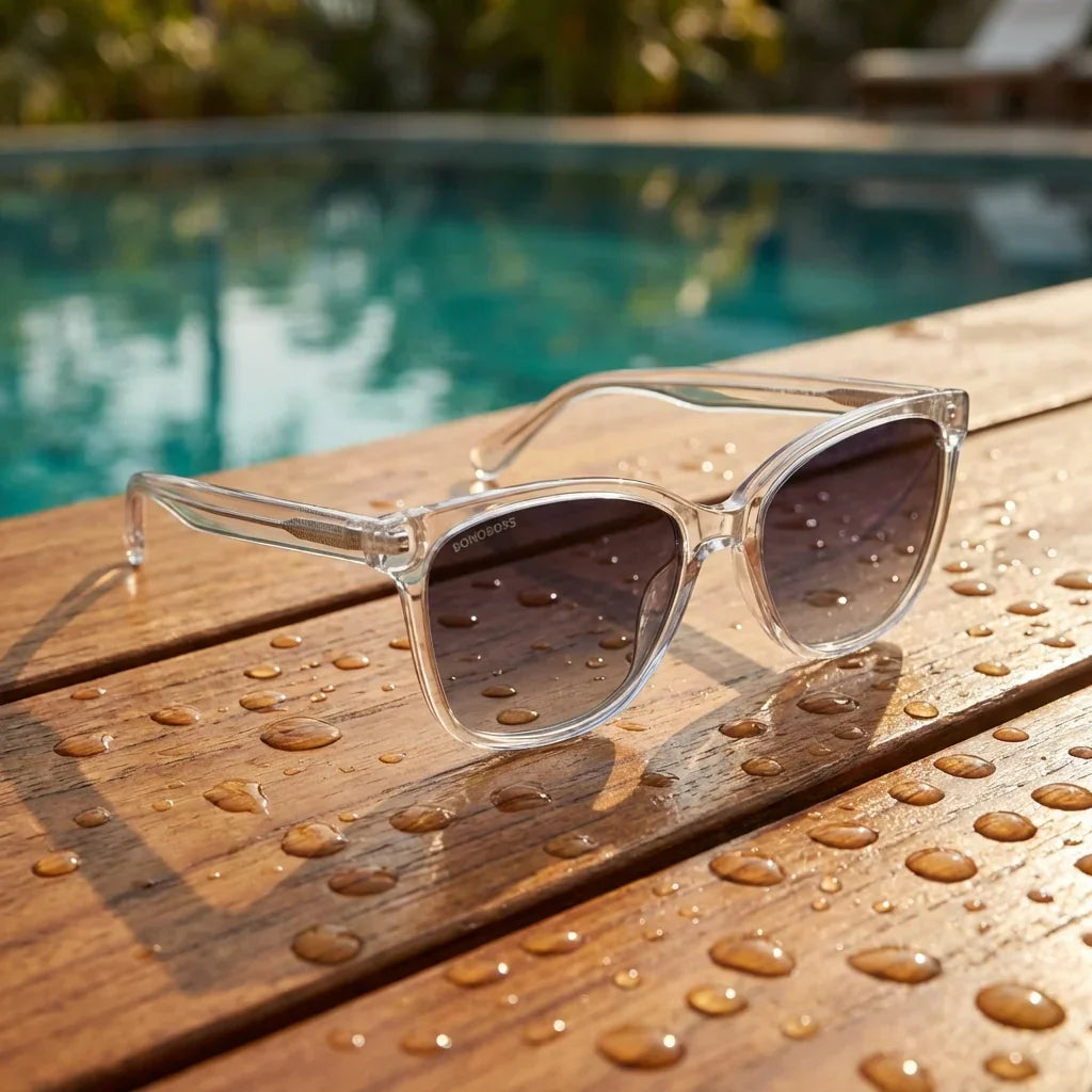 Women wearing lenses sun tiare bio-acetate polarized clear aventura outdoor naturaleza eco-consciente bonoboss #editorial_sustentabilidad #color_transparente
