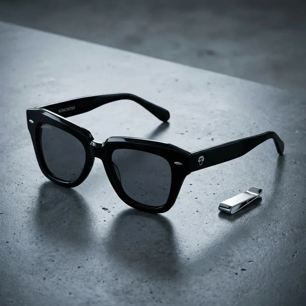 Lentes sol Selkie Retro polarizados UV400 bio-acetato negro sobre concreto urbano detalle lente oscura Bonoboss #editorial_polarizado #color_negro