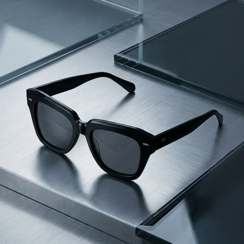 Lentes sol Selkie Retro polarizados UV400 bio-acetato negro sobre superficie metal brushed industrial Bonoboss #editorial_grid1 #color_negro