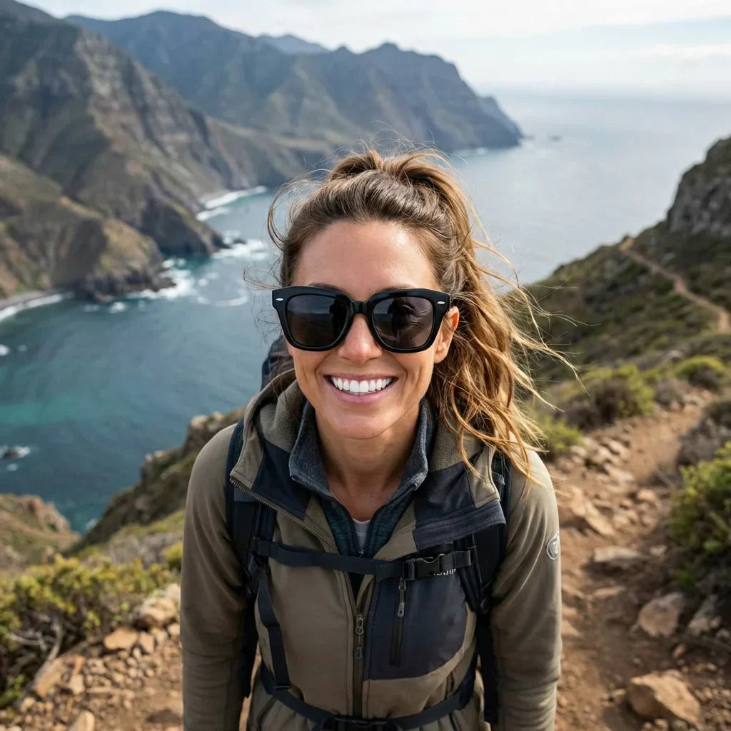 Mujer usando lentes sol Selkie Retro bio-acetato polarizados negro aventura outdoor sendero naturaleza Bonoboss Chile #editorial_sustentabilidad #color_negro