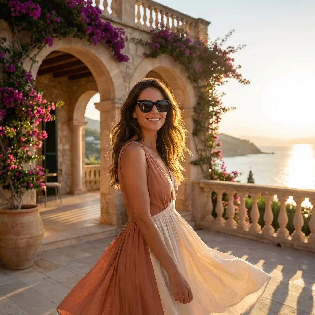 Mujer usando lentes sol Selkie Retro bio-acetato polarizados negro golden hour atardecer costero proteccion UV Bonoboss #editorial_banner #color_negro