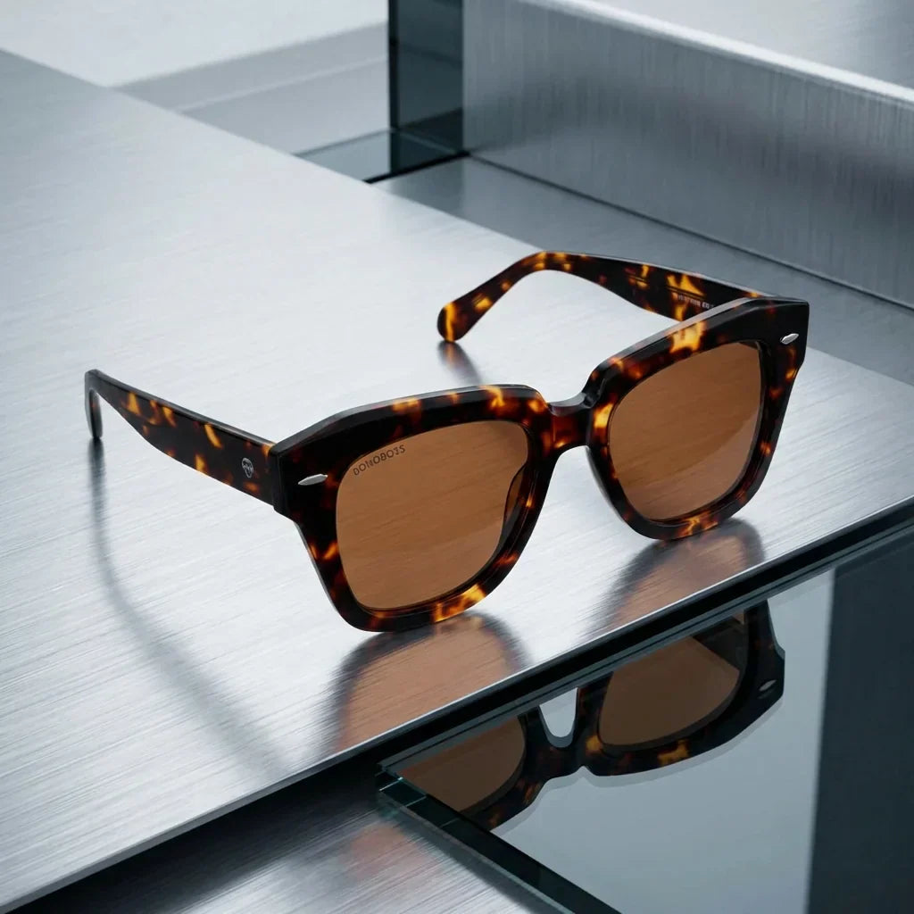 Lentes sol Selkie Retro polarizados UV400 bio-acetato carey sobre metal brushed superficie industrial premium Bonoboss #editorial_grid1 #color_carey