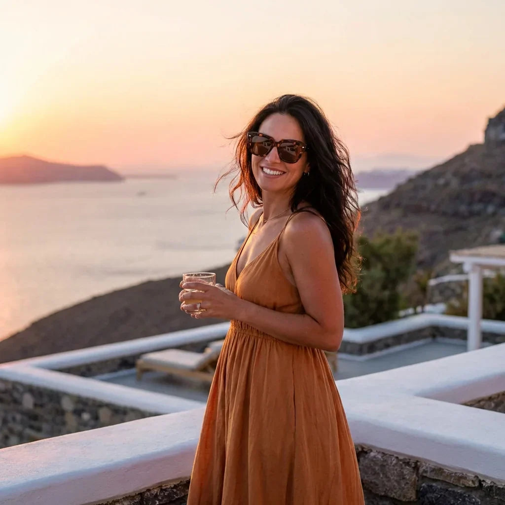 Mujer usando lentes sol Selkie Retro bio-acetato polarizados carey en playa arena proteccion solar UV400 Bonoboss #editorial_sustentabilidad #color_carey