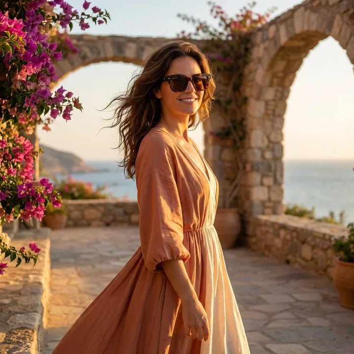 Women wearing lenses sun selkie retro bio-acetate polarized tortoise golden hour luz dorada costera bonoboss chile #editorial_banner #color_carey