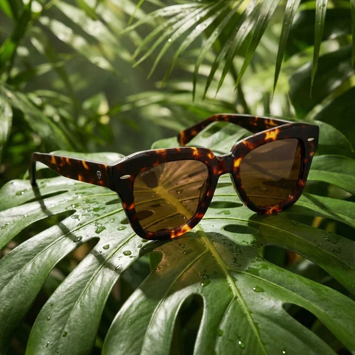 Lenses sun selkie retro polarized UV400 bio-acetate tortoise sobre metal brushed industrial surface premium bonoboss #editorial_grid1 #color_carey