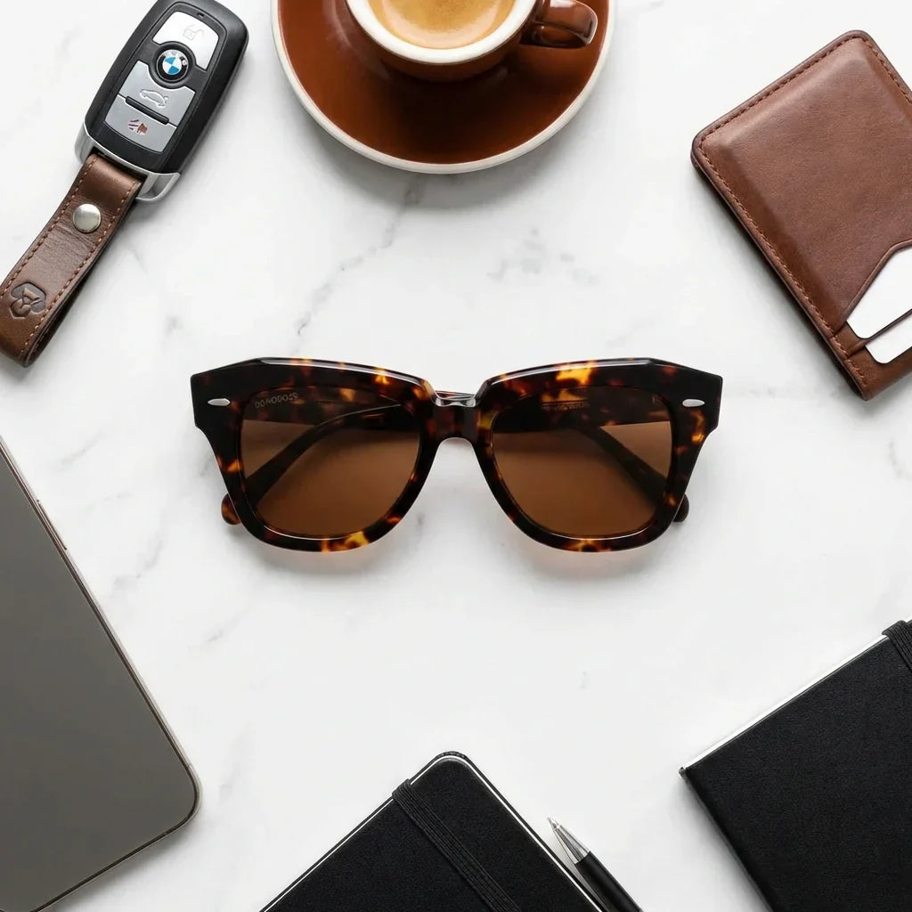 Lenses sun selkie retro polarized bio-acetate biodegradable tortoise sobre hoja monstera botanica tropical bonoboss #editorial_grid2 #color_carey