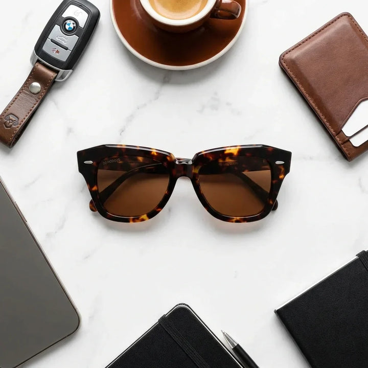 Lenses sun selkie retro polarized bio-acetate biodegradable tortoise sobre hoja monstera botanica tropical bonoboss #editorial_grid2 #color_carey