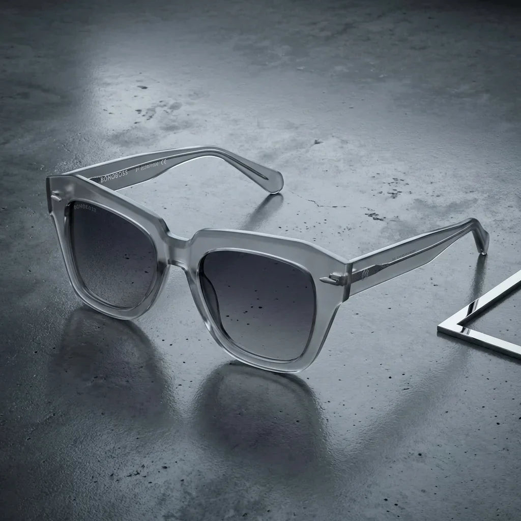 Lentes sol Selkie Retro polarizados UV400 bio-acetato transparente sobre concreto urbano showcase lente Bonoboss #editorial_polarizado #color_transparente
