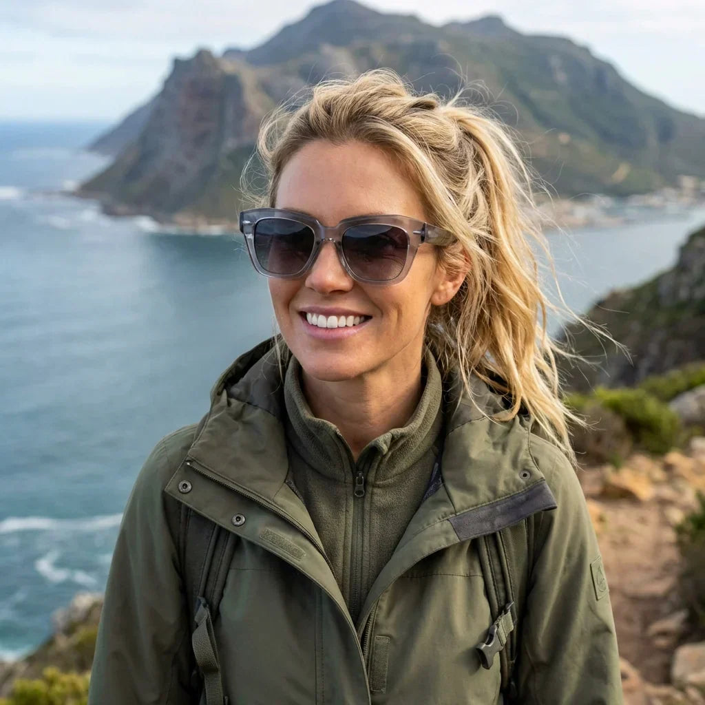 Mujer usando lentes sol Selkie Retro bio-acetato polarizados transparente aventura outdoor naturaleza Bonoboss #editorial_sustentabilidad #color_transparente