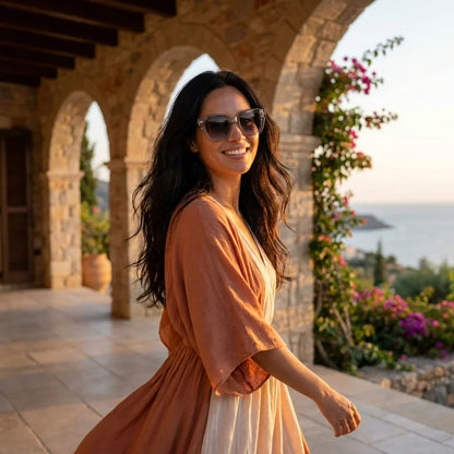 Mujer usando lentes sol Selkie Retro bio-acetato polarizados transparente golden hour atardecer playa UV400 Bonoboss #editorial_banner #color_transparente