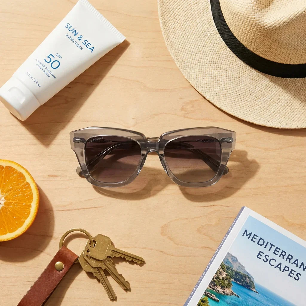 Lentes sol Selkie Retro polarizados bio-acetato biodegradable transparente flat lay summer essentials playa Bonoboss #editorial_detail2 #color_transparente